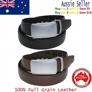 35mm Full Grain Auto Lock No Hole Ratchet Black / Brown Mens Leather Belt - Picture 1 of 26
