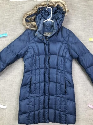 Abrigo acolchado Eddie Bauer para mujer azul medio con capucha piel sintética largo cálido invierno Foto 1 de 4