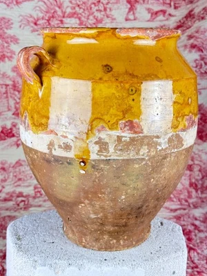 Ancien  pot a confit terre cuite émaillé jaune Vert faïence Sud Ouest 19 ème - Photo 1/4