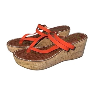 Sam Edelman Rasha Red-Orange Thong Cork Wedge Platform Strappy Sandal Sz 7.5 - Picture 1 of 9