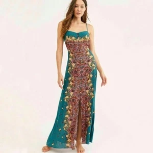 Intimate Free People Maxikleid geblümt grün & weinrot Moring Song Slip Medium - Bild 1 von 7