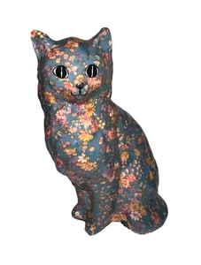 Vintage Glazed Fabric Floral Kitty Cat 10” Heavy Figure - Picture 1 of 14