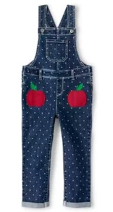 GYMBOREE Girls Sz 7 Polka Dot Apple Stretchy Dark Denim Blue Jean Bib Overalls - Picture 1 of 5