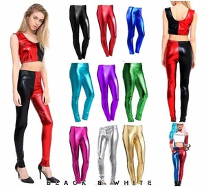 New Ladies American Foil Shiny leggings Disco Dance Stretch PVC Wet Look UK 8-26 - Picture 1 of 36