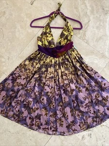 Marciano Floral Watercolor Silk Halter Dress Green Lemon Purple SZ XS Pristine - Picture 1 of 9