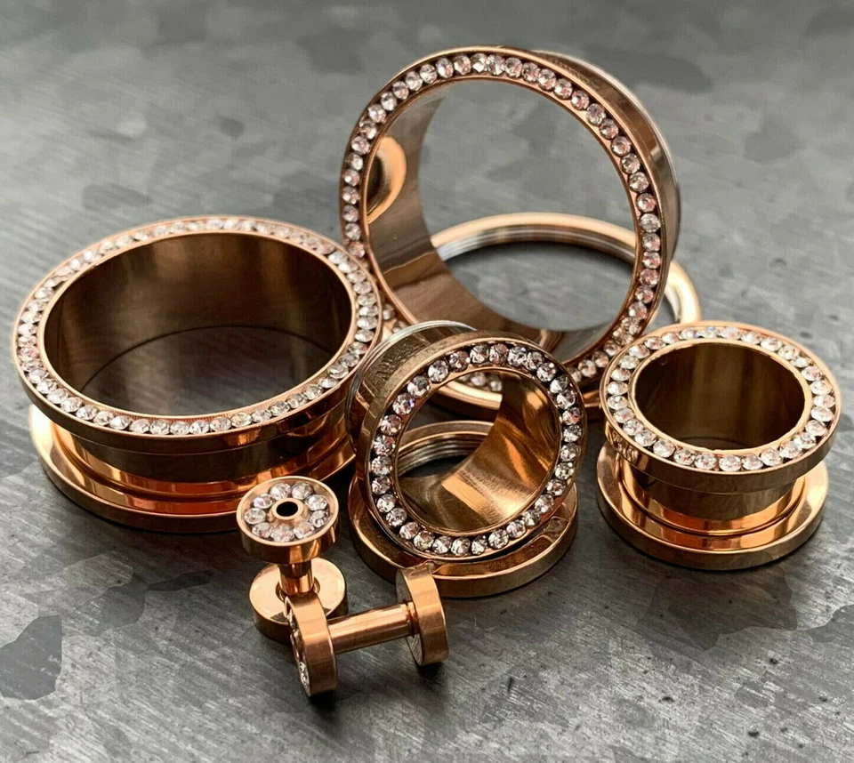 ПАРА Туннелей с Покрытием из Розового Золота с Драгоценными Камнями Пробки Уши Датчики - Изображение 1 из 4