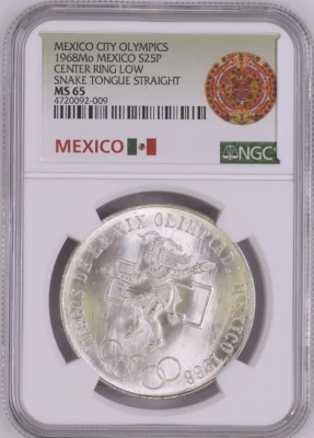 :1968 Mo S25-PESOS MEXICO CITY OLYMPICS NGC MS65 UNEVEN RINGS STRAIGHT TONGUE II - Image 1 of 2