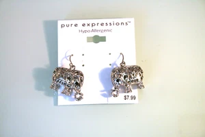 Pure Expressions stainless steel elephant dangle earrings 1 3/4" - Picture 1 of 2
