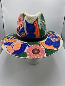 MEXICAN Artisan Hat Hand Painted Fedora Floral Birds Sombrero Panama Bohemian M - Picture 1 of 9