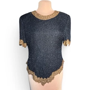 Blusa vintage de seda con cuentas negra dorada festoneada fiesta fiesta fiesta noche  - Imagen 1 de 9