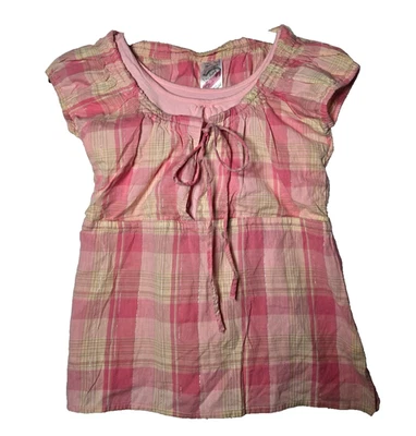 Blusa Babydoll Red Rover Feminina Rosa Xadrez em Camadas Tamanho Pequeno Metálica Y2K Preppy - Imagem 1 de 4