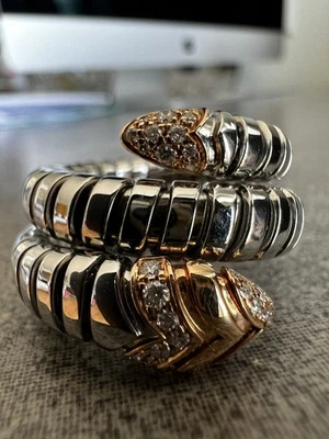 Anillo Bulgari Serpenti Diamantes En Acero Inoxidable Y Oro Rosa Talla S Con Caja Foto 1 de 4