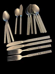 17 Piece Vtg Household's HMC Set Stainless Steel Flatware Japan Textured Floral - Picture 1 of 8