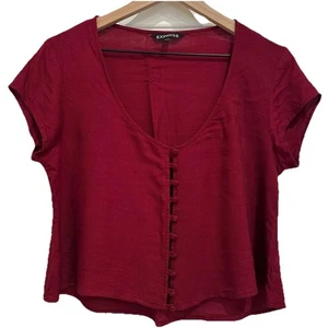 EXPRESS Maroon Cropped Short Sleeve Hook Eye Button Down Shirt Y2K Size Small - Picture 1 of 8