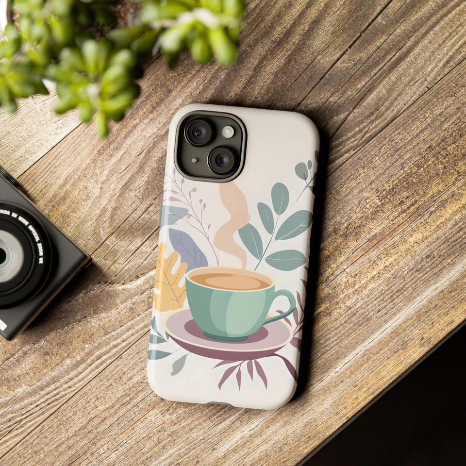 Floral Phone Case with Coffee Cup Design, Nature-Inspired Decor - Image 1 of 1