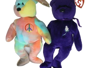 Ty Beanie Babies Peace Tie-Dye Bear & Purple Rose Bear – Lot of 2 - Sale - Picture 1 of 2