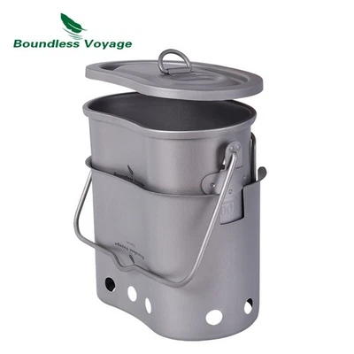 2 in1 Outdoor Canteen Cup Hanging Pot Burner Camping Titanium Pot Wood Stove Set - Image 1 of 4