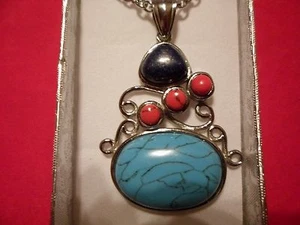 Blue & Red Howlite, Lapis Lazuli Pendant w/20" Chain in Stainless Steel-31.00CTW - Picture 1 of 3