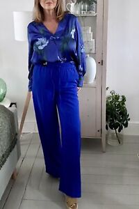 M&S Electric Blue High Rise Wide Leg Drawstring Waist Trousers Size 10 Long/tall