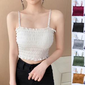 Womens Shirred Cami Tops Crop Vest Tank Gather Smoken Shirt Sleeveless - Picture 1 of 18