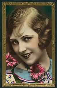 French 1920s Art DECO Era BEAUTY Hand Tinted RPPC Portrait Gold Embossed BORDER - Picture 1 of 1