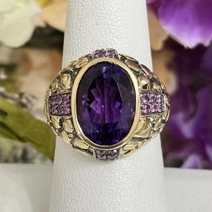 LeVian 14k Yellow Gold Amethyst Pink Sapphire Cocktail Ring Band Size 7 - Picture 1 of 11