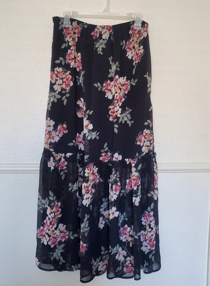 Bobeau Skirt Black Floral Lined Elastic Waist Womens Size XL See Through Long - Imagem 1 de 4