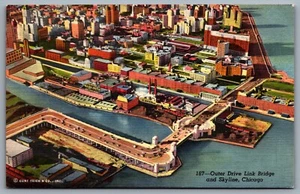 Postcard Chicago IL c1941 Outer Drive Link Bridge and Skyline Aerial View Linen - Picture 1 of 2
