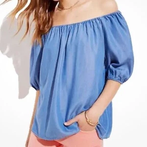 Loft Women's Blue Off Shoulder Short Sleeve Chambray Top Strapless Size Large - Picture 1 of 6
