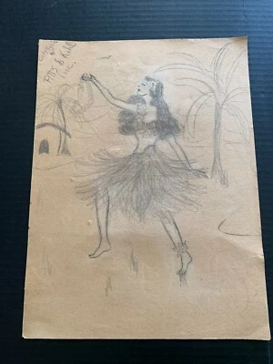 Circa 1930's Dancing Hawaiian Hula Girl Pencil Drawing - Image 1 of 2