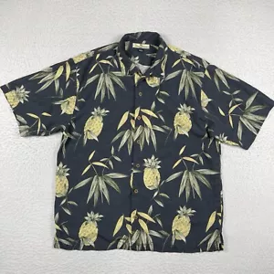 Tommy Bahama Shirt Mens Large Black Silk Leaves Pineapples Travel Cruise Preppy - Picture 1 of 11