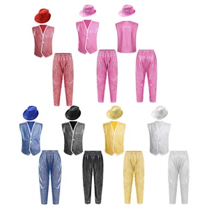 Kids Boys Girls Vest With Pants Hat Sparkling Jazz Dance Costume Sleeveless - Picture 1 of 81