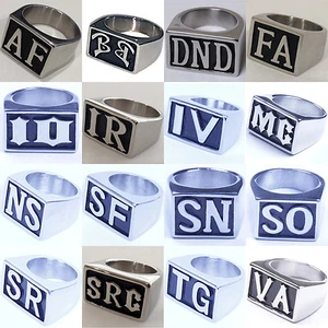 US Seller Mens Silver Stainless Steel Initial Letter Biker Rings Sizes 7-15 HS26 - Picture 1 of 19