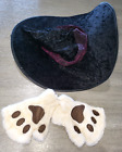 black VELVET WITCH HAT HALLOWEEN COSTUME ACCESSORY furry PAW MITTENS DOG BEAR