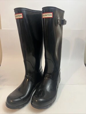 Hunter Original Alto Brillante Clásico Negro Impermeable Botas de Lluvia Mujer EE. UU. 7-EU38 Foto 1 de 4