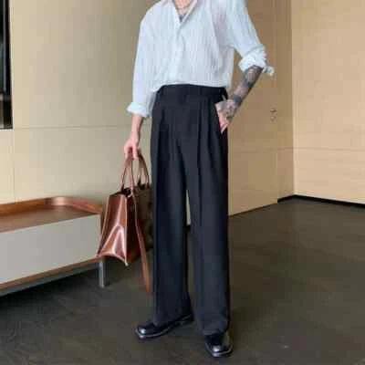 New Men Suits Pants Wide Leg Black Pleated Baggy Summer Fashion Stylish Trousers - Image 1 of 4