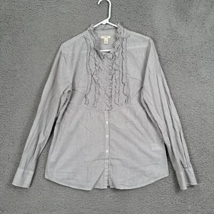 J Crew Damen Hemd mit Rüschen vorne Knopfleiste Langarm Large L grau Kragen - Bild 1 von 11