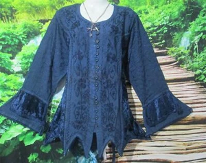 MEDIEVAL EMBROIDERED VELVET PANEL BELL SLEEVE BLUE TUNIC TOP FITS 14 - 18 116cms - Picture 1 of 6
