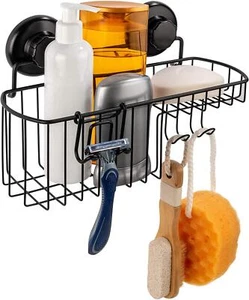 Shower Caddy Suction Cup - Wall Mounted Bathroom Shelf with Hooks - Suction S... - Picture 1 of 6