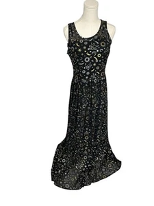 Cosmic Aura Astrology Celestial Stars Moon Foil Mesh Maxi Dress Sz M Black Gold - Picture 1 of 15
