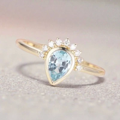 Gold Plated Blue Aquamarine & White Zircon Gemstone Ring Size P. Brand New Gift - Image 1 of 4