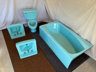 VTG Aqua Blue Cast Iron Bathtub/Toilet/2 Sinks American Standard Mid-Century Set - Image 1 of 4