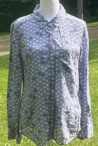 Caslon Blue Bird Print Button Down Long Sleeve Shirt Women Sz Medium Y2K Preppy - Picture 1 of 23