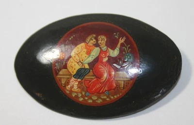Vintage Russian Lacquered Hand Painted Pin Folk Couple Signed 2.25X1.5 - Image 1 of 4