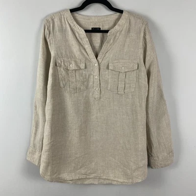 Talbots Linen Popover Blouse Size Large Beige Pockets Long Sleeve - Image 1 of 4