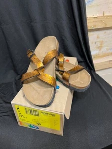Birki's New By Birkenstock Sylt Croco Embossed Cross Strap Sandal Amber Size - Picture 1 of 4