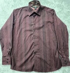 Stacy Adams Shirt Men Sz L Maroon & Black Flip Cuffs Velour Accents Button Up - Picture 1 of 19