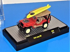 M2 Machines Maui And Sons 1944 Jeep MB Orange w/ Tan Top Yellow Surf Board - Picture 1 of 3