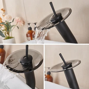 Waterfall Bathroom Faucet Glass Single Short Handle Black Basin Lavatory Vessel. - Picture 1 of 6