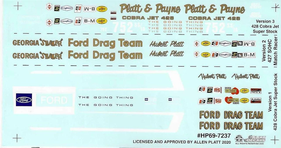 Slixx 7237 Hubert Platt's 69 Mustang Super Stock 1/24 1/25 waterslide decal - Image 1 of 1